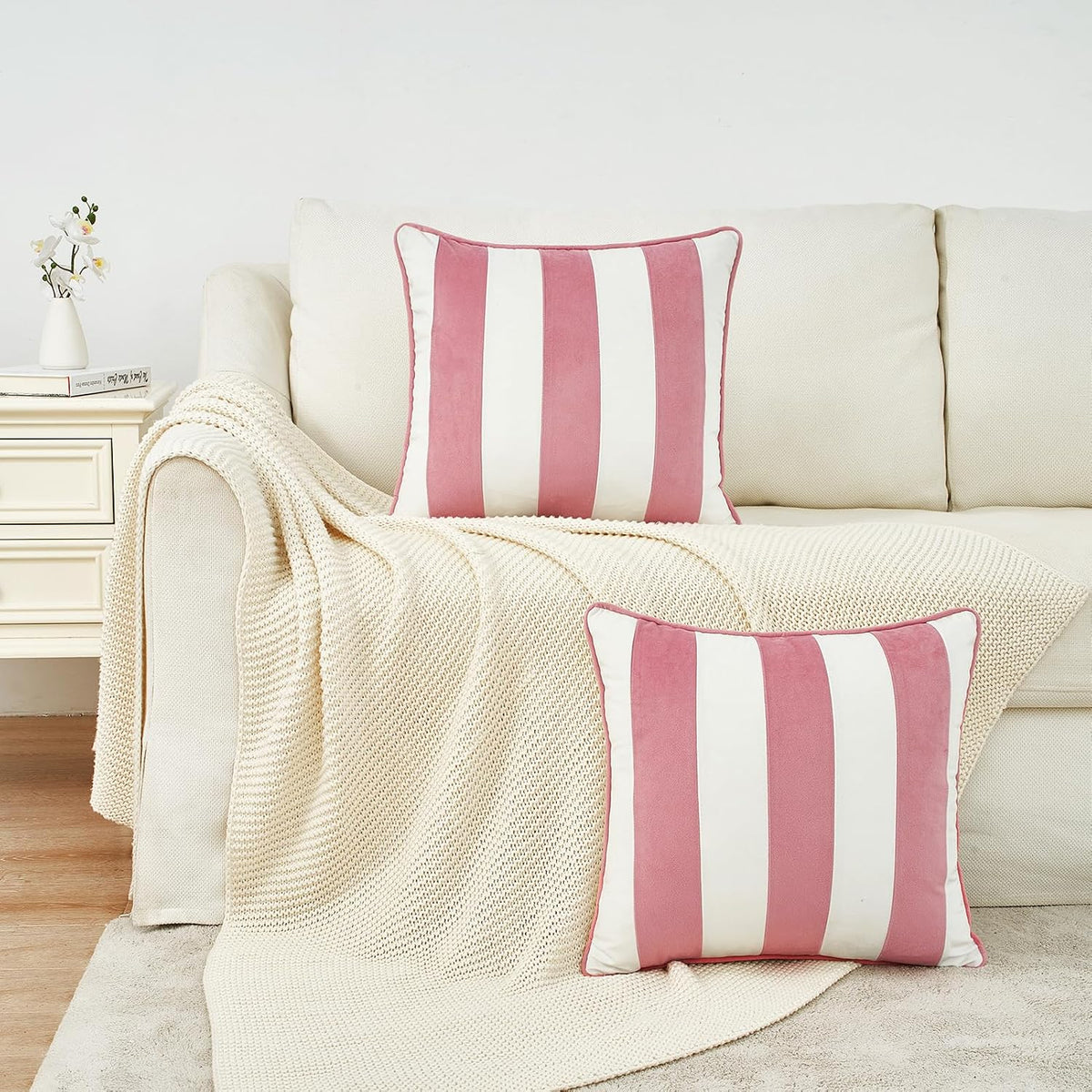 Decorative Throw Pillow Covers Cushion Cases, Set of 2 Soft Velvet Striped Piping Edge Designs, Pillow Inserts Not Included (20x20 inch, Light Pink/White)