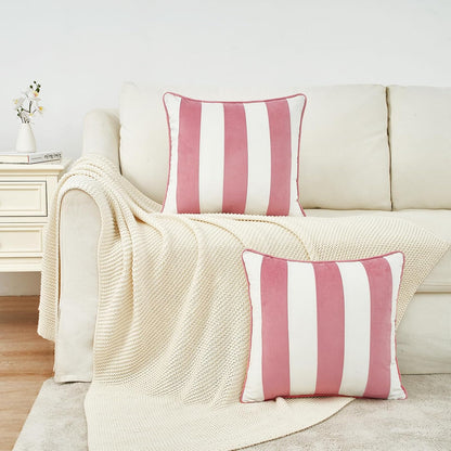 Decorative Throw Pillow Covers Cushion Cases, Set of 2 Soft Velvet Striped Piping Edge Designs, Pillow Inserts Not Included (20x20 inch, Light Pink/White)