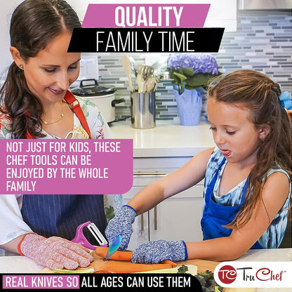 5-Piece Kids Knife Set for Real Cooking | Stainless Steel Chef, Paring & Serrated Knives with Peeler & Holder | Safe Junior Chef Cooking Set for Kids (5 pcs, Pink)