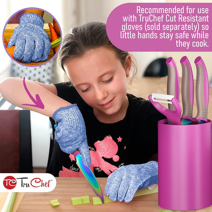 5-Piece Kids Knife Set for Real Cooking | Stainless Steel Chef, Paring & Serrated Knives with Peeler & Holder | Safe Junior Chef Cooking Set for Kids (5 pcs, Pink)