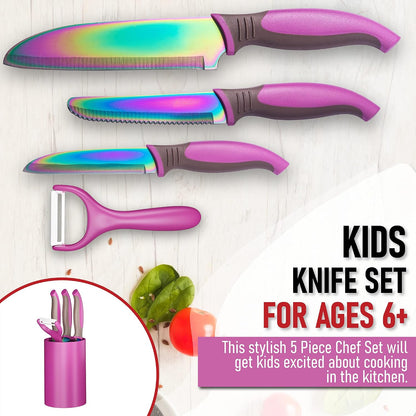 5-Piece Kids Knife Set for Real Cooking | Stainless Steel Chef, Paring & Serrated Knives with Peeler & Holder | Safe Junior Chef Cooking Set for Kids (5 pcs, Pink)