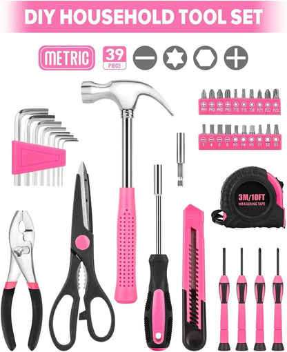 tool box 39pcs Pink Household Tool Set Essential Hand Tool Kit with Plastic Toolbox for Home Repairs DIY & Crafts