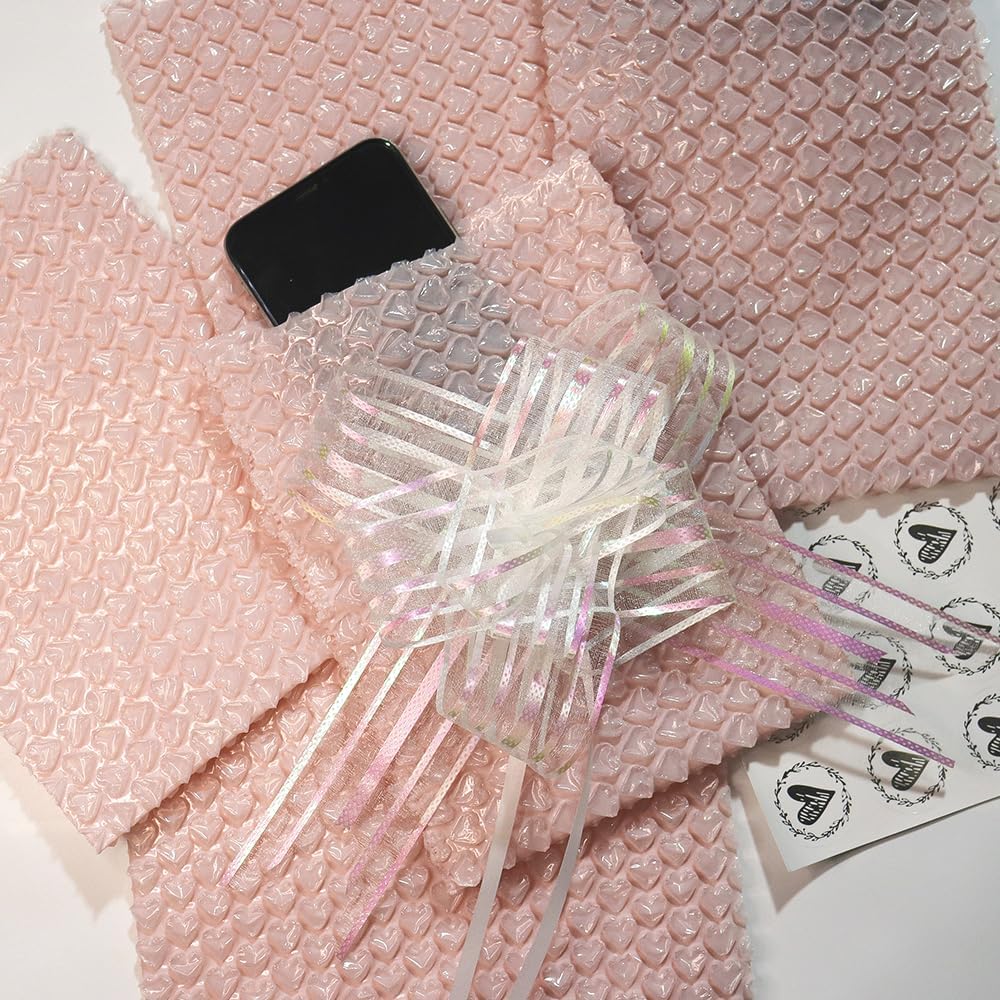 Bubble Thicken Shockproof Shipping Bag Pouches,Light Pink Love Packaging Bags,Jewelry Watch Makeup Bags Gift with Sticker and Decorative Bow,10 Pieces