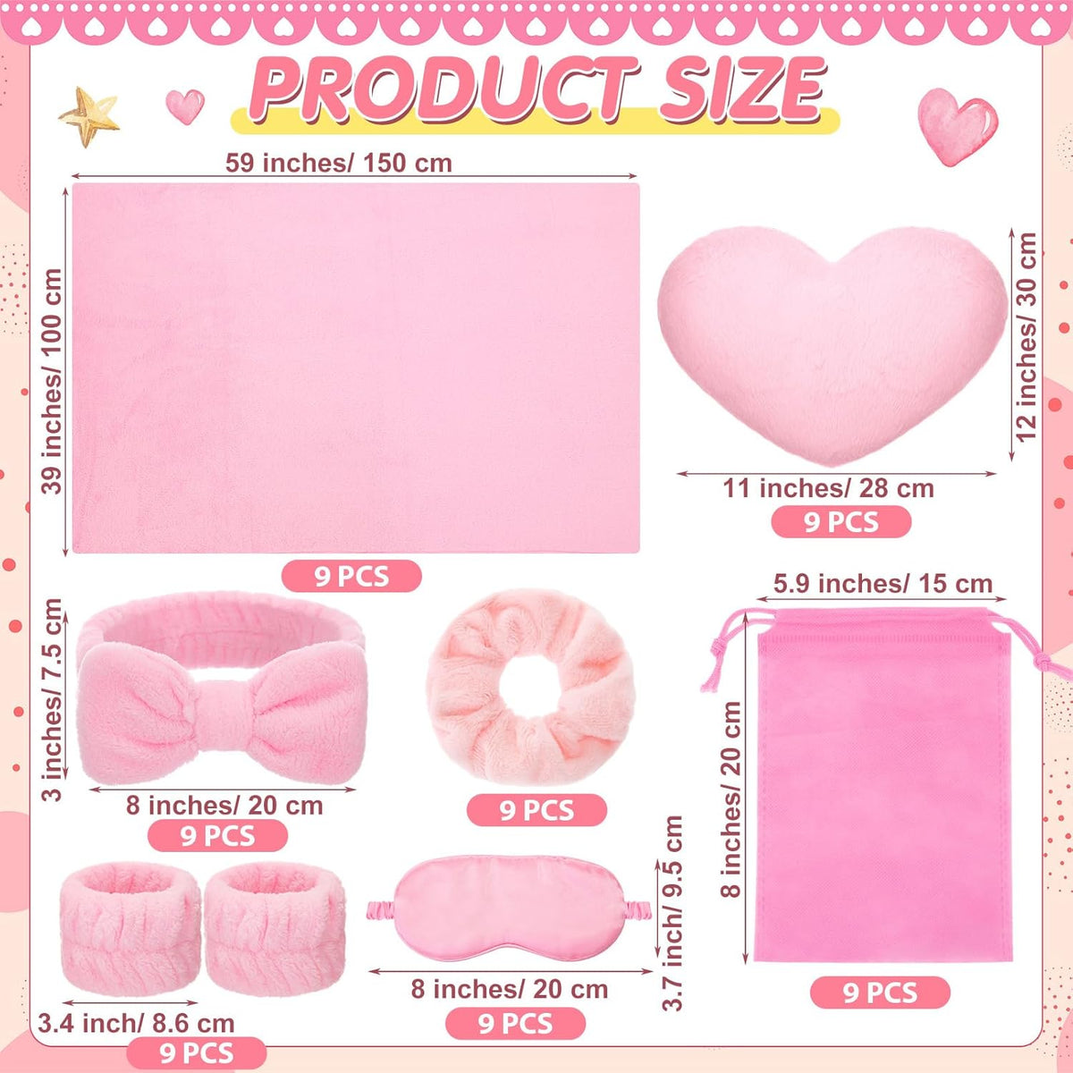 63 Pcs Spa Sleepover Party Supply Set 9 Pink Fleece Blankets 9 Fluffy Pink Heart Throw Pillows 9 Satin Eye Masks 9 Spa Headband 9 Wristband 9 Plush Scrunchies 9 Gift Bags for Slumber Party