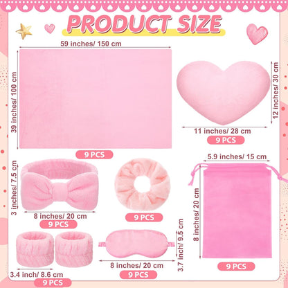 63 Pcs Spa Sleepover Party Supply Set 9 Pink Fleece Blankets 9 Fluffy Pink Heart Throw Pillows 9 Satin Eye Masks 9 Spa Headband 9 Wristband 9 Plush Scrunchies 9 Gift Bags for Slumber Party