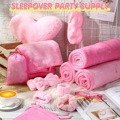 63 Pcs Spa Sleepover Party Supply Set 9 Pink Fleece Blankets 9 Fluffy Pink Heart Throw Pillows 9 Satin Eye Masks 9 Spa Headband 9 Wristband 9 Plush Scrunchies 9 Gift Bags for Slumber Party