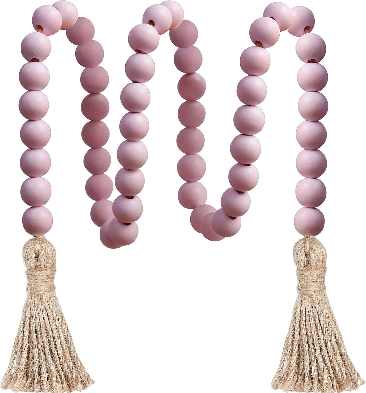 39in Wood Bead Garland, Farmhouse Beads with Tassels, Pink