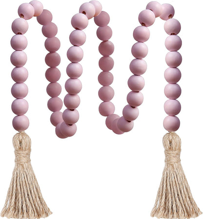 39in Wood Bead Garland, Farmhouse Beads with Tassels, Pink