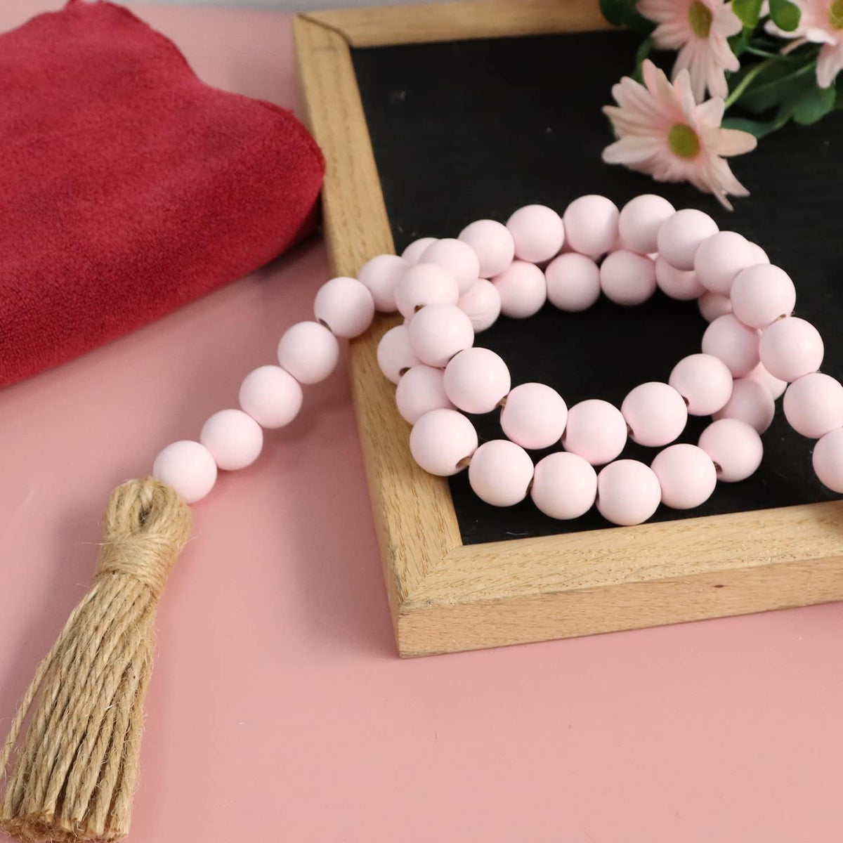 39in Wood Bead Garland, Farmhouse Beads with Tassels, Pink