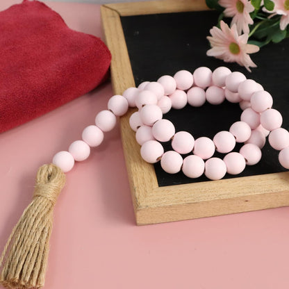 39in Wood Bead Garland, Farmhouse Beads with Tassels, Pink