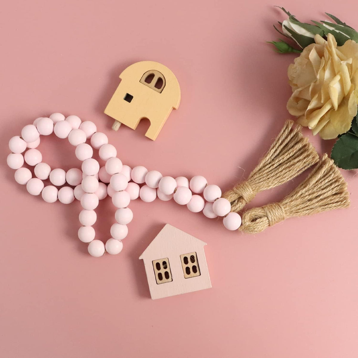39in Wood Bead Garland, Farmhouse Beads with Tassels, Pink