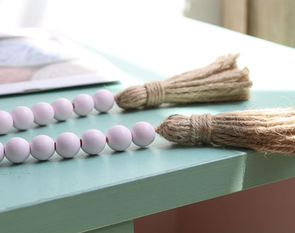 39in Wood Bead Garland, Farmhouse Beads with Tassels, Pink