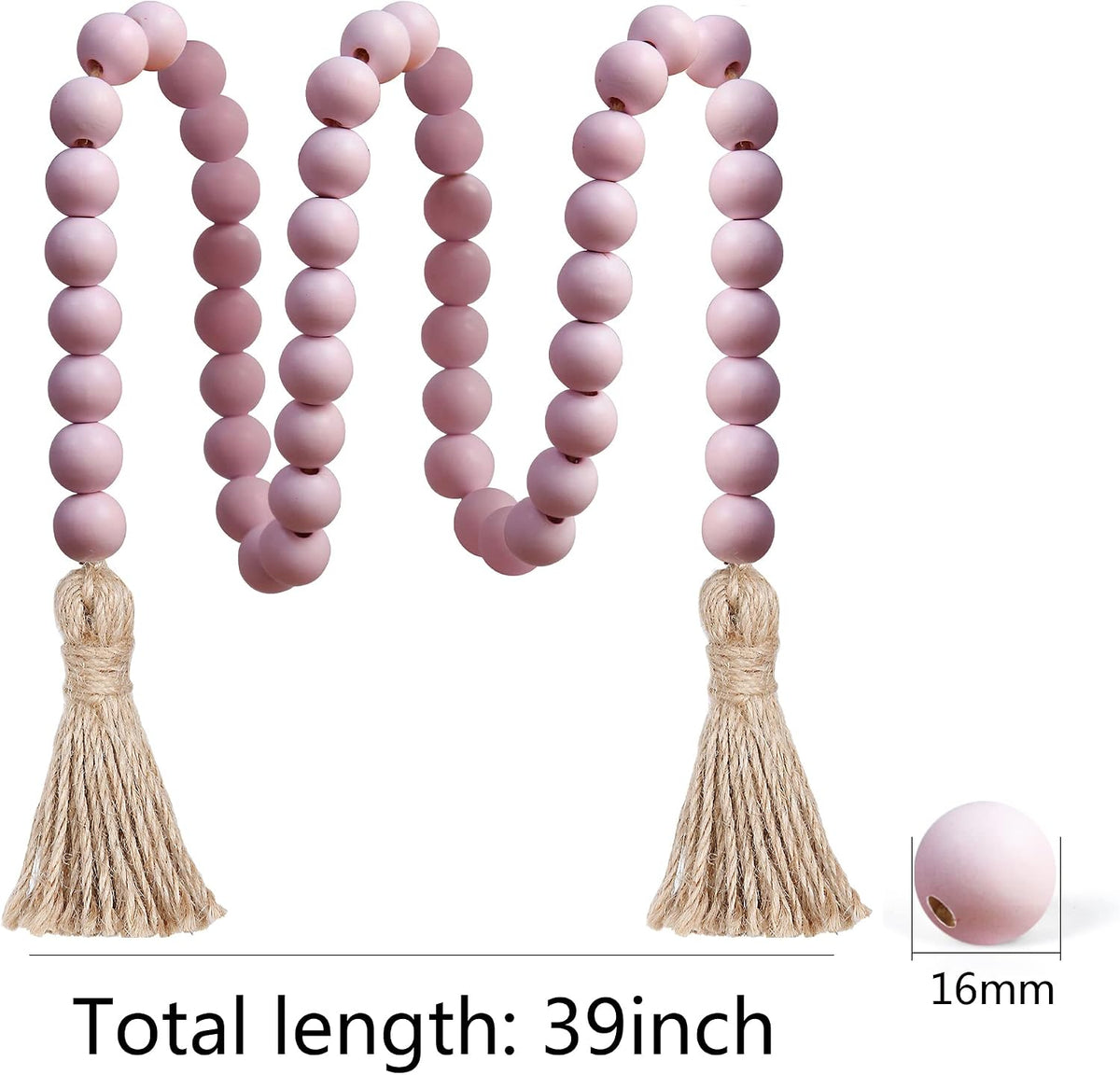 39in Wood Bead Garland, Farmhouse Beads with Tassels, Pink