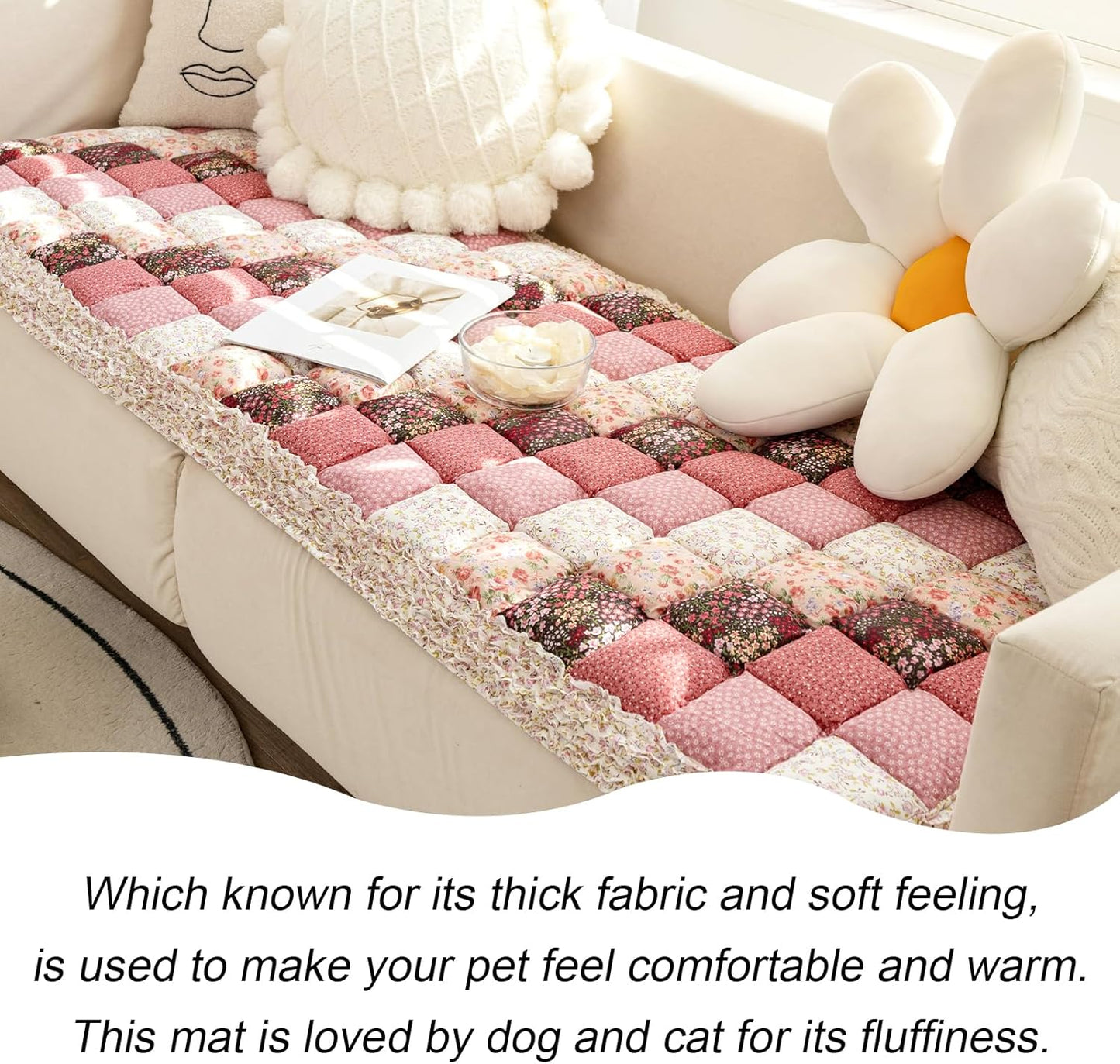 Boho Patchwork Magic Sofa Seat Slipcover, Anti-Slip Quilted Thick Cushion Couch Cover, Print Pet Mat Bed Blankets for Puppy and Cat, Super Soft Pad Furniture Protector (Pink,27.6*59.1inch/70*150cm)