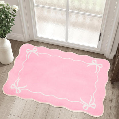 Bow Rugs for Entryway 2X3, Solid Pink Rug for Bedroom Girls, Machine Washable Small Indoor Door Mat, Soft Low Pile Non Slip Cute Scalloped Rug for Kitchen Bathroom Entrance Nursery Dorm