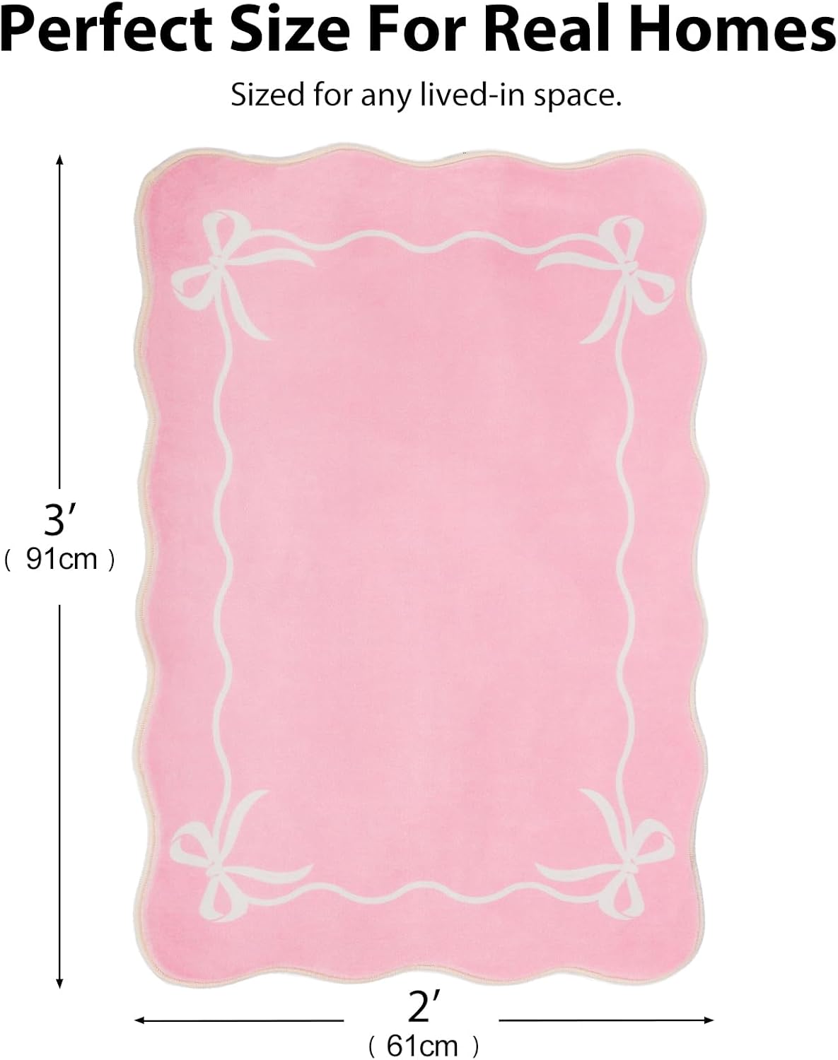 Bow Rugs for Entryway 2X3, Solid Pink Rug for Bedroom Girls, Machine Washable Small Indoor Door Mat, Soft Low Pile Non Slip Cute Scalloped Rug for Kitchen Bathroom Entrance Nursery Dorm