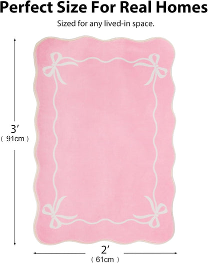 Bow Rugs for Entryway 2X3, Solid Pink Rug for Bedroom Girls, Machine Washable Small Indoor Door Mat, Soft Low Pile Non Slip Cute Scalloped Rug for Kitchen Bathroom Entrance Nursery Dorm