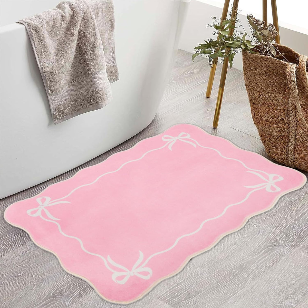 Bow Rugs for Entryway 2X3, Solid Pink Rug for Bedroom Girls, Machine Washable Small Indoor Door Mat, Soft Low Pile Non Slip Cute Scalloped Rug for Kitchen Bathroom Entrance Nursery Dorm
