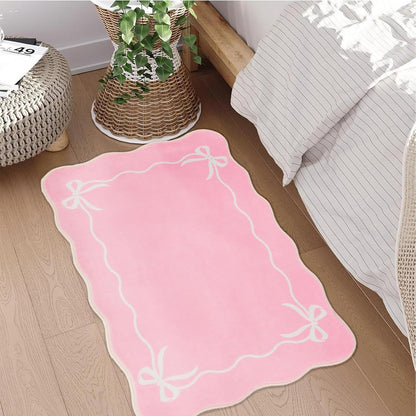 Bow Rugs for Entryway 2X3, Solid Pink Rug for Bedroom Girls, Machine Washable Small Indoor Door Mat, Soft Low Pile Non Slip Cute Scalloped Rug for Kitchen Bathroom Entrance Nursery Dorm