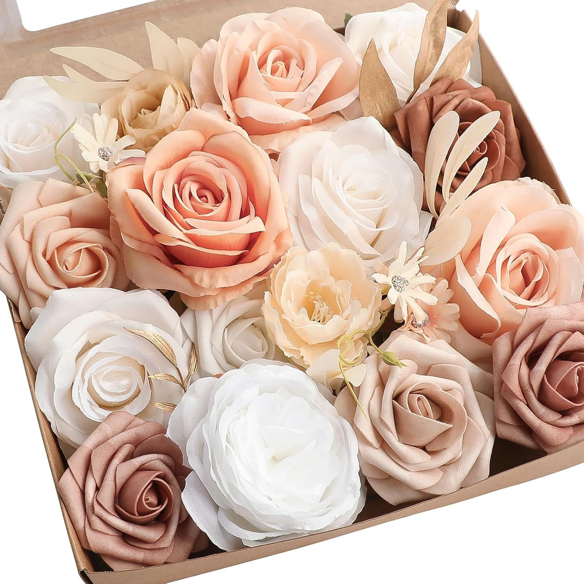 Morandi Peach Artificial Flowers Fake Roses Peonies and Greenery Combo Box Set for DIY Wedding Bouquets Bridal Shower Centerpieces Floral Arrangements Party Tables Home Decorations