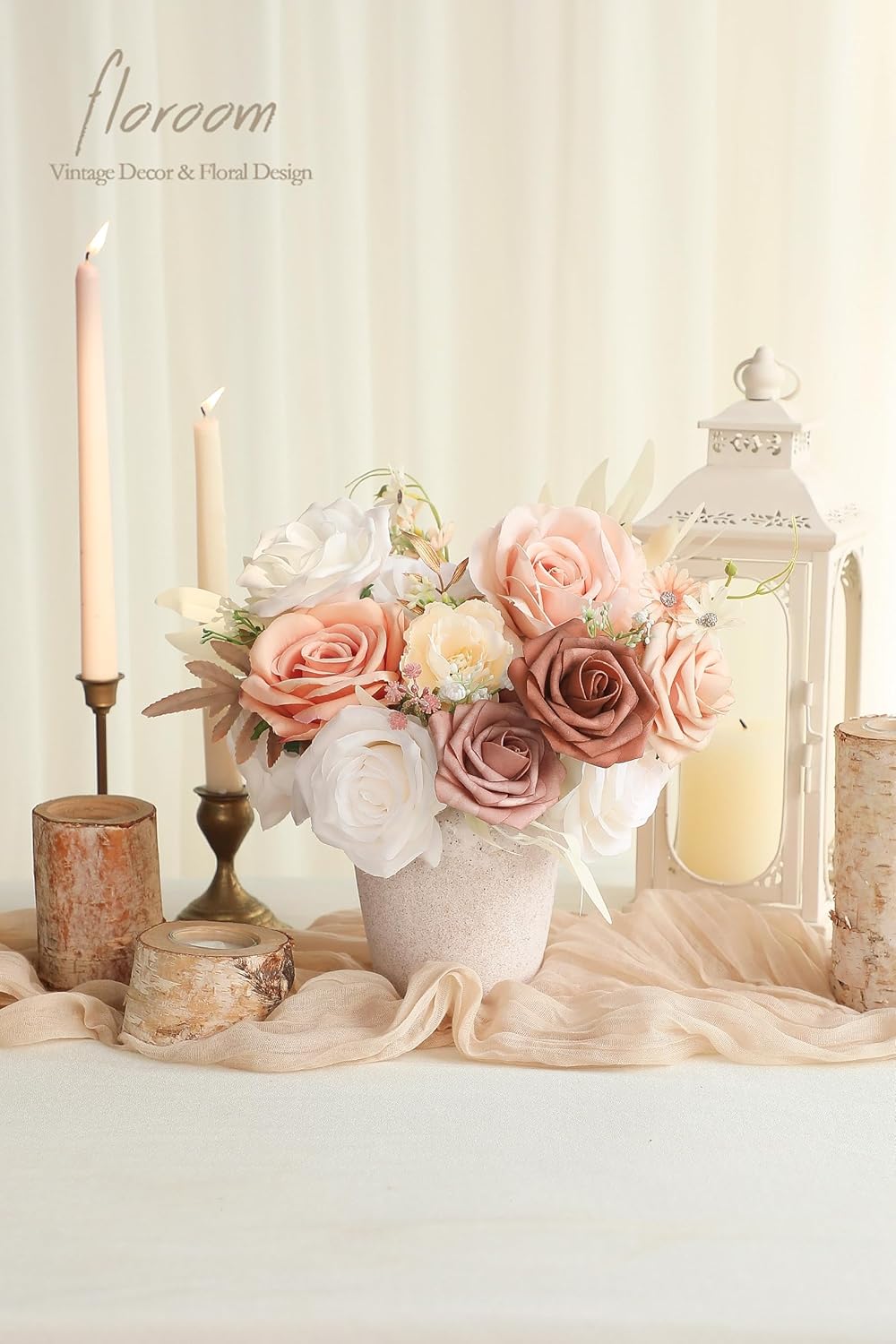 Morandi Peach Artificial Flowers Fake Roses Peonies and Greenery Combo Box Set for DIY Wedding Bouquets Bridal Shower Centerpieces Floral Arrangements Party Tables Home Decorations