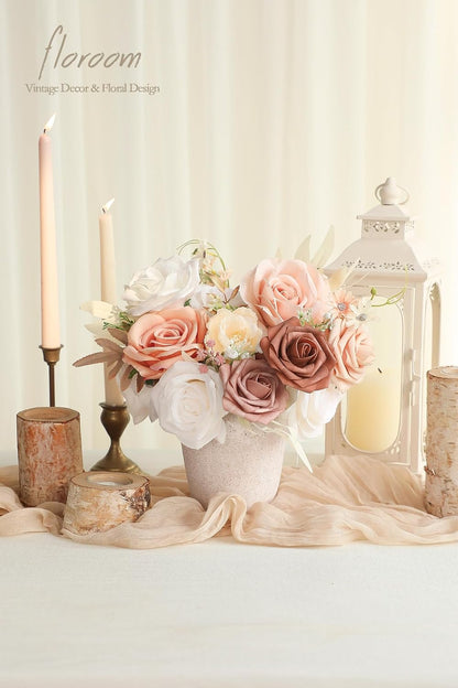 Morandi Peach Artificial Flowers Fake Roses Peonies and Greenery Combo Box Set for DIY Wedding Bouquets Bridal Shower Centerpieces Floral Arrangements Party Tables Home Decorations
