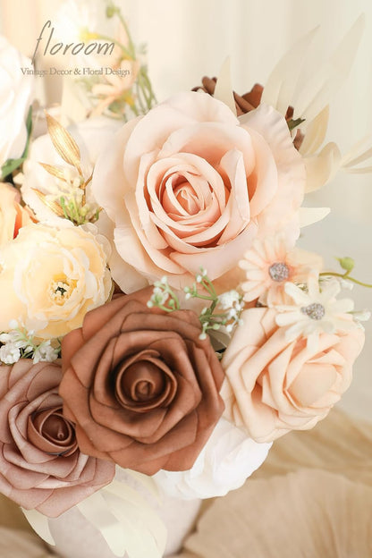 Morandi Peach Artificial Flowers Fake Roses Peonies and Greenery Combo Box Set for DIY Wedding Bouquets Bridal Shower Centerpieces Floral Arrangements Party Tables Home Decorations