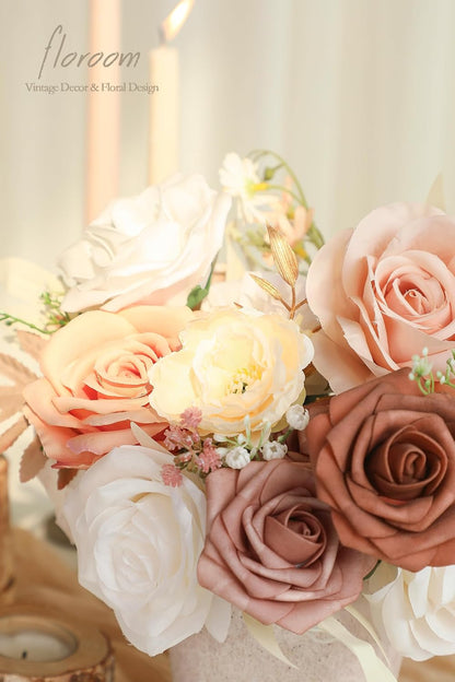 Morandi Peach Artificial Flowers Fake Roses Peonies and Greenery Combo Box Set for DIY Wedding Bouquets Bridal Shower Centerpieces Floral Arrangements Party Tables Home Decorations