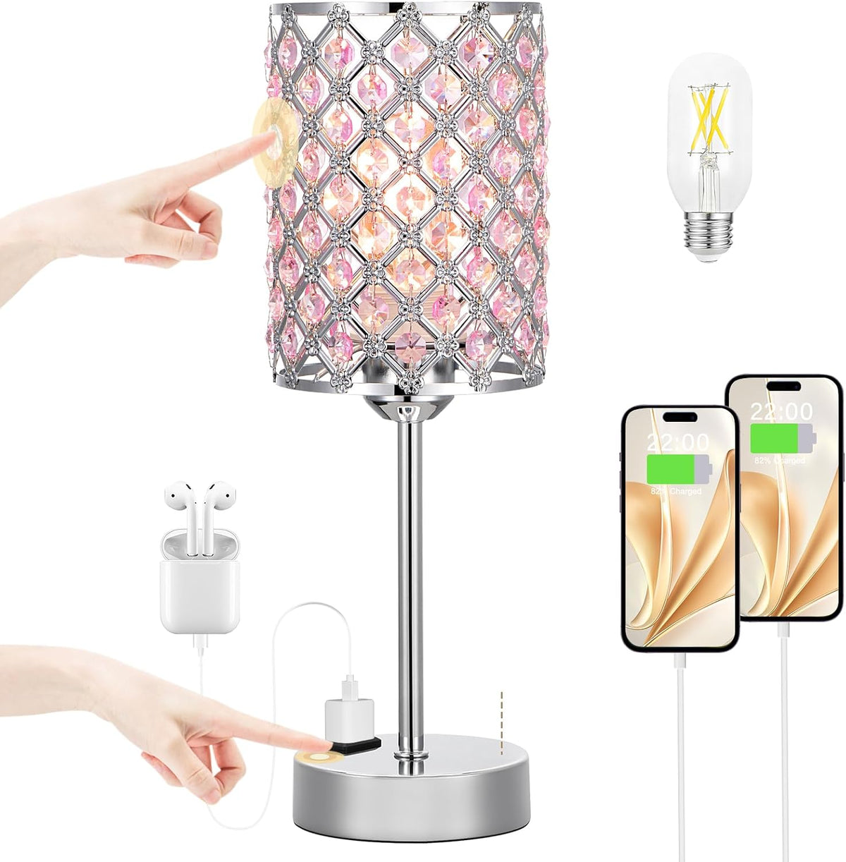 Pink Bedside Lamps for Night Stands, Crystal Table Lamp for Bedroom