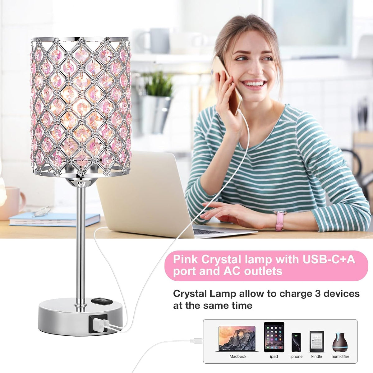 Pink Bedside Lamps for Night Stands, Crystal Table Lamp for Bedroom
