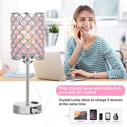 Pink Bedside Lamps for Night Stands, Crystal Table Lamp for Bedroom
