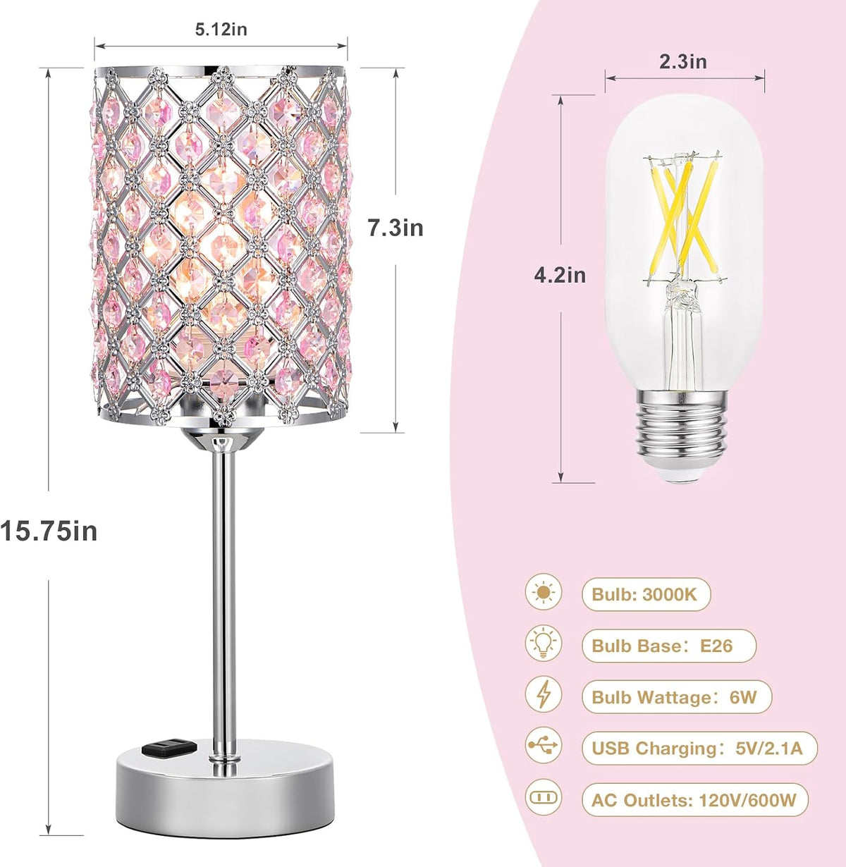 Pink Bedside Lamps for Night Stands, Crystal Table Lamp for Bedroom