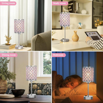 Pink Bedside Lamps for Night Stands, Crystal Table Lamp for Bedroom