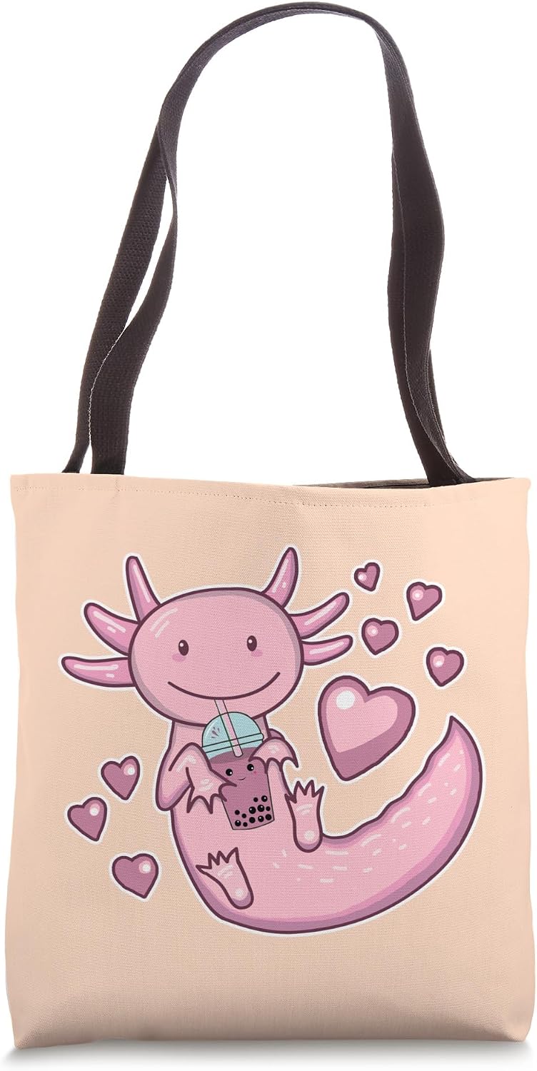 Cute Axolotl Drinking Boba Bubble Tea Love Hearts Peach Pink Tote Bag