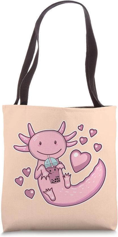 Cute Axolotl Drinking Boba Bubble Tea Love Hearts Peach Pink Tote Bag