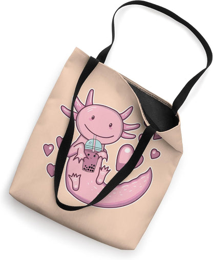 Cute Axolotl Drinking Boba Bubble Tea Love Hearts Peach Pink Tote Bag