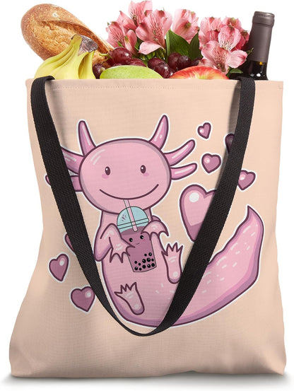 Cute Axolotl Drinking Boba Bubble Tea Love Hearts Peach Pink Tote Bag