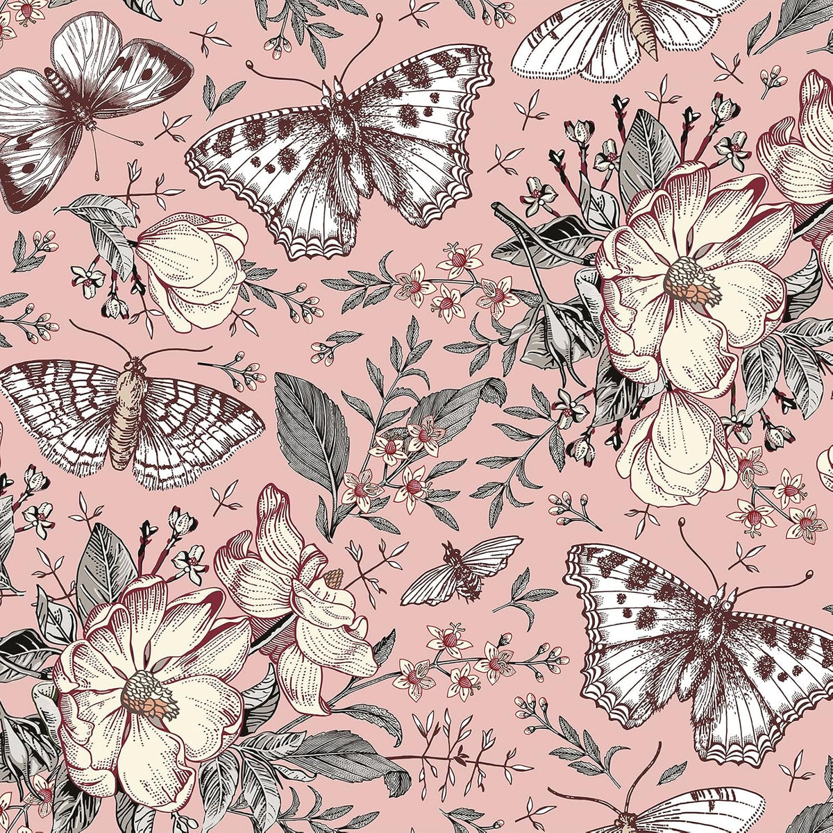 Pink Floral Wallpaper Peel and Stick Botanical Garden Wildflower Butterfly Wall Paper for Girls Bedroom Nursery Removable Pink Butterflies Floral Contact Paper for Walls Cabinets 17.5"x118"