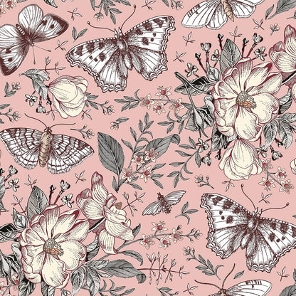 Pink Floral Wallpaper Peel and Stick Botanical Garden Wildflower Butterfly Wall Paper for Girls Bedroom Nursery Removable Pink Butterflies Floral Contact Paper for Walls Cabinets 17.5"x118"