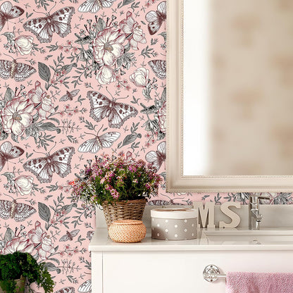 Pink Floral Wallpaper Peel and Stick Botanical Garden Wildflower Butterfly Wall Paper for Girls Bedroom Nursery Removable Pink Butterflies Floral Contact Paper for Walls Cabinets 17.5"x118"