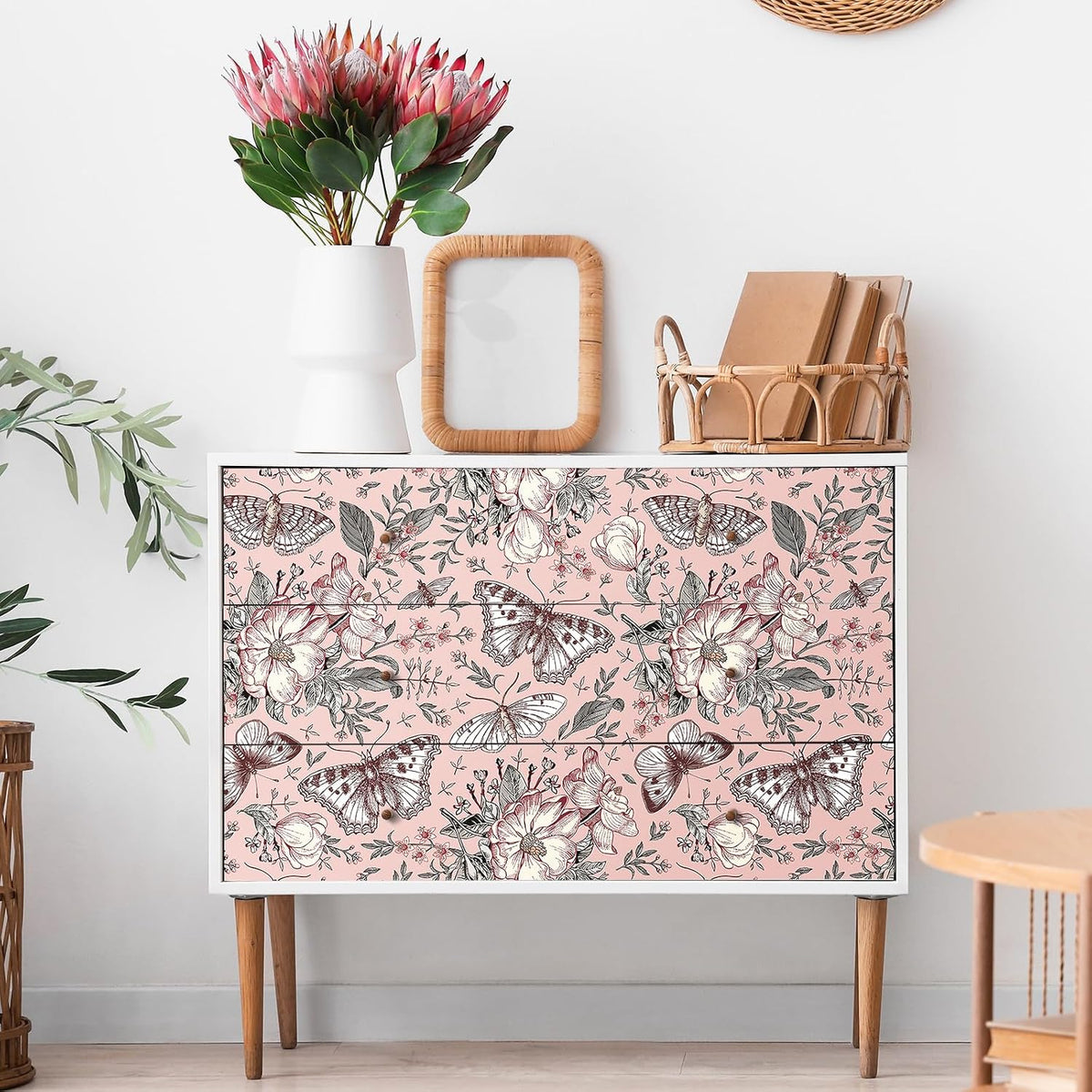 Pink Floral Wallpaper Peel and Stick Botanical Garden Wildflower Butterfly Wall Paper for Girls Bedroom Nursery Removable Pink Butterflies Floral Contact Paper for Walls Cabinets 17.5"x118"