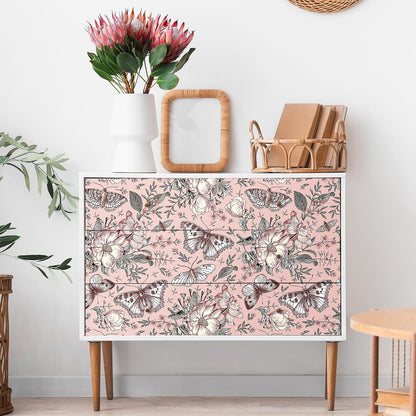 Pink Floral Wallpaper Peel and Stick Botanical Garden Wildflower Butterfly Wall Paper for Girls Bedroom Nursery Removable Pink Butterflies Floral Contact Paper for Walls Cabinets 17.5"x118"