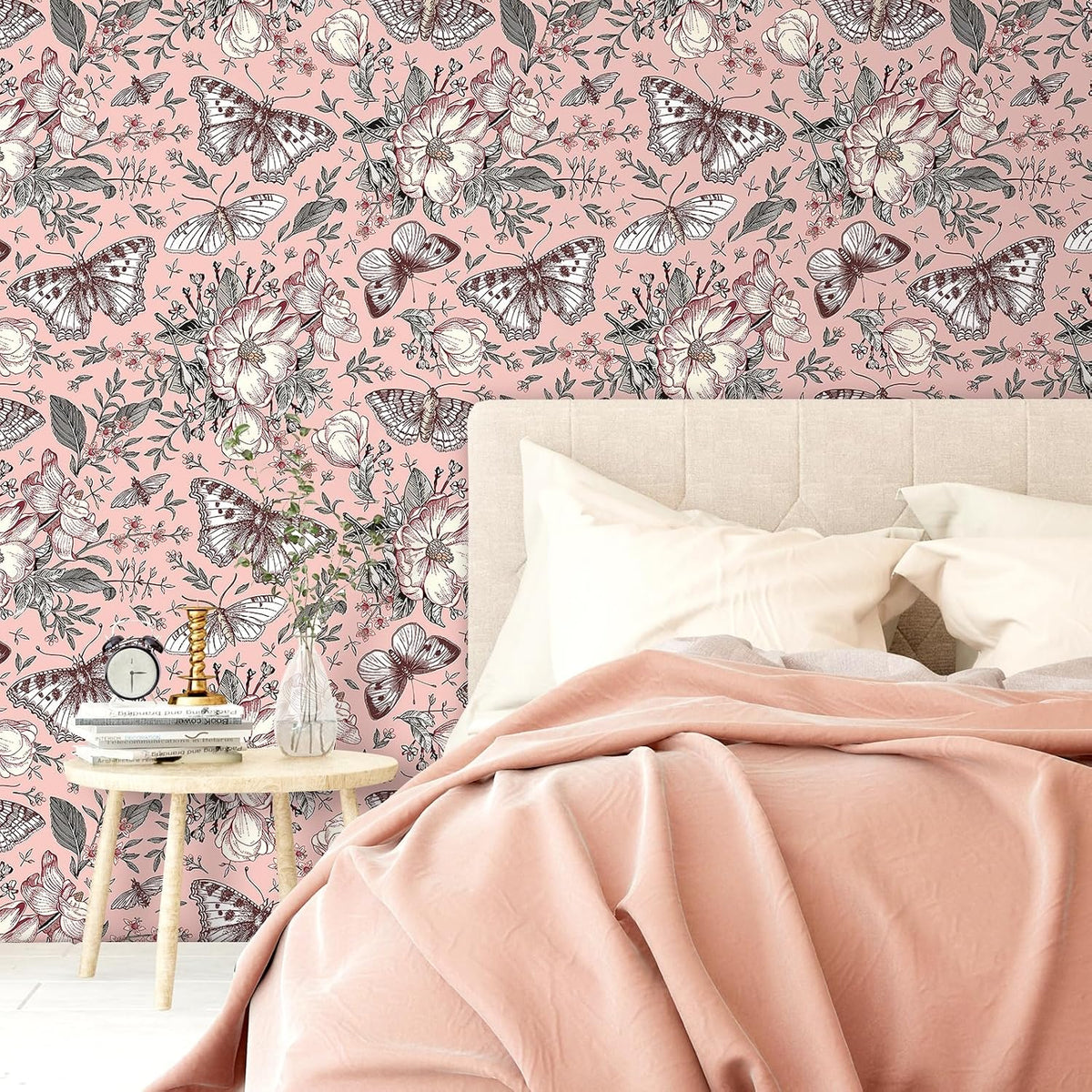 Pink Floral Wallpaper Peel and Stick Botanical Garden Wildflower Butterfly Wall Paper for Girls Bedroom Nursery Removable Pink Butterflies Floral Contact Paper for Walls Cabinets 17.5"x118"