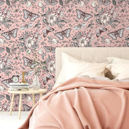 Pink Floral Wallpaper Peel and Stick Botanical Garden Wildflower Butterfly Wall Paper for Girls Bedroom Nursery Removable Pink Butterflies Floral Contact Paper for Walls Cabinets 17.5"x118"