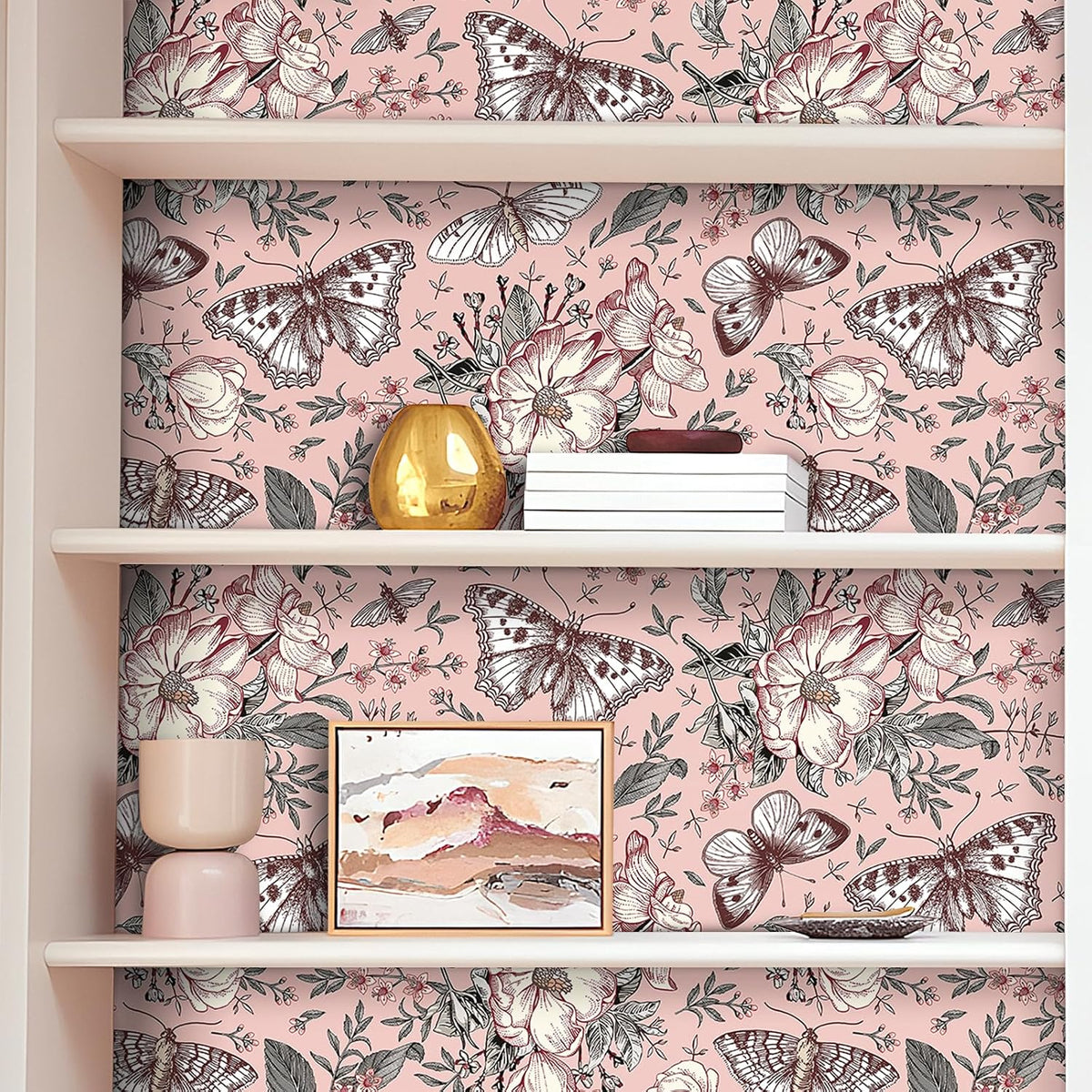 Pink Floral Wallpaper Peel and Stick Botanical Garden Wildflower Butterfly Wall Paper for Girls Bedroom Nursery Removable Pink Butterflies Floral Contact Paper for Walls Cabinets 17.5"x118"