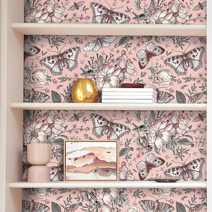 Pink Floral Wallpaper Peel and Stick Botanical Garden Wildflower Butterfly Wall Paper for Girls Bedroom Nursery Removable Pink Butterflies Floral Contact Paper for Walls Cabinets 17.5"x118"