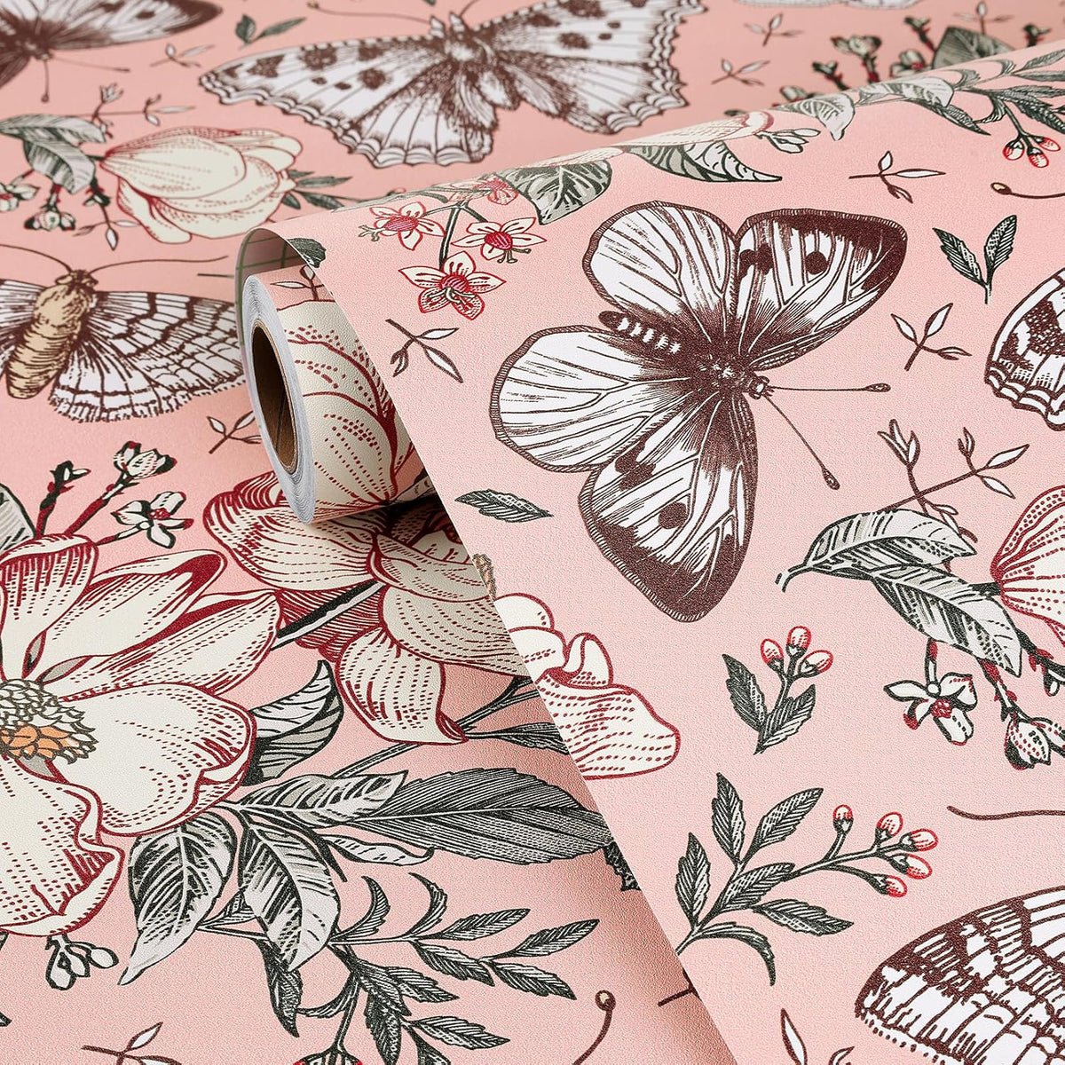 Pink Floral Wallpaper Peel and Stick Botanical Garden Wildflower Butterfly Wall Paper for Girls Bedroom Nursery Removable Pink Butterflies Floral Contact Paper for Walls Cabinets 17.5"x118"