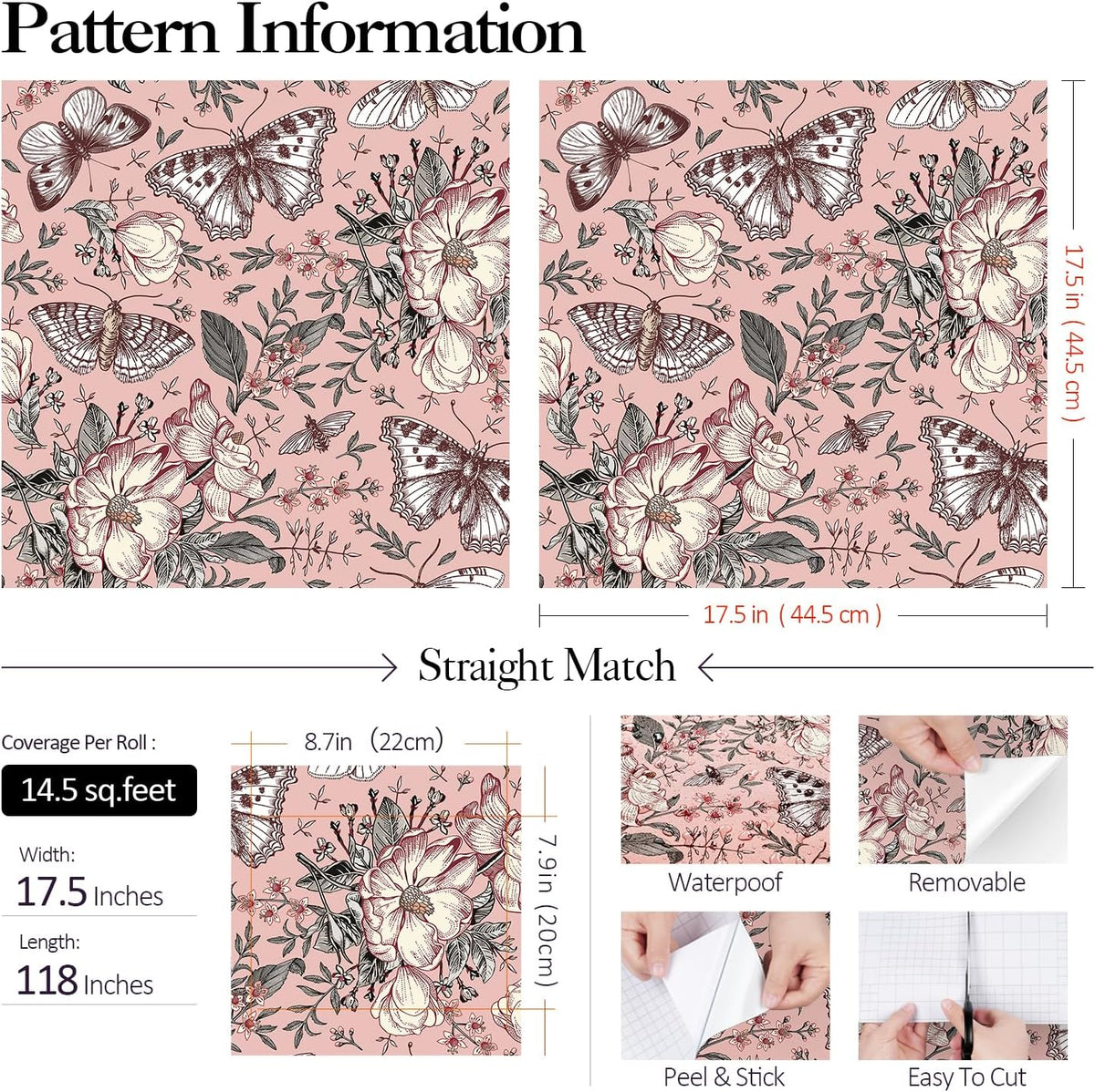 Pink Floral Wallpaper Peel and Stick Botanical Garden Wildflower Butterfly Wall Paper for Girls Bedroom Nursery Removable Pink Butterflies Floral Contact Paper for Walls Cabinets 17.5"x118"