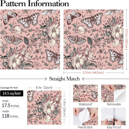 Pink Floral Wallpaper Peel and Stick Botanical Garden Wildflower Butterfly Wall Paper for Girls Bedroom Nursery Removable Pink Butterflies Floral Contact Paper for Walls Cabinets 17.5"x118"