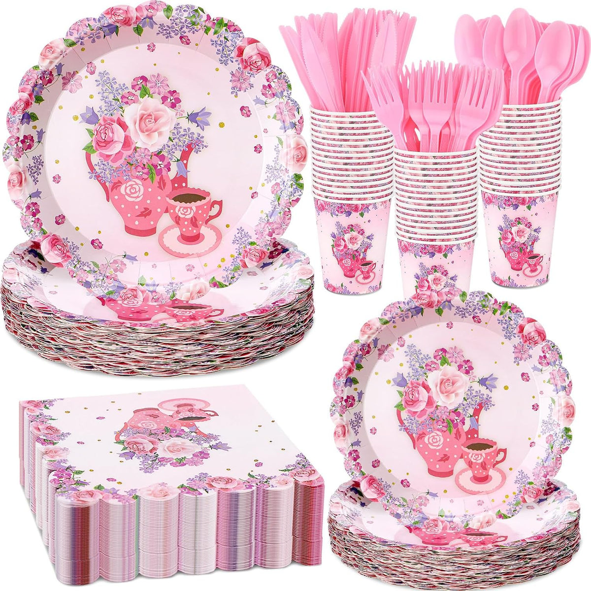 400 Pcs/50 Sets Tea Party Supplies Disposable Tableware Pink Floral Dinnerware Set with Paper Plates Napkins Flower Cups Plastic Spoons Forks Knives for Birthday Wedding Baby Shower Tea Party